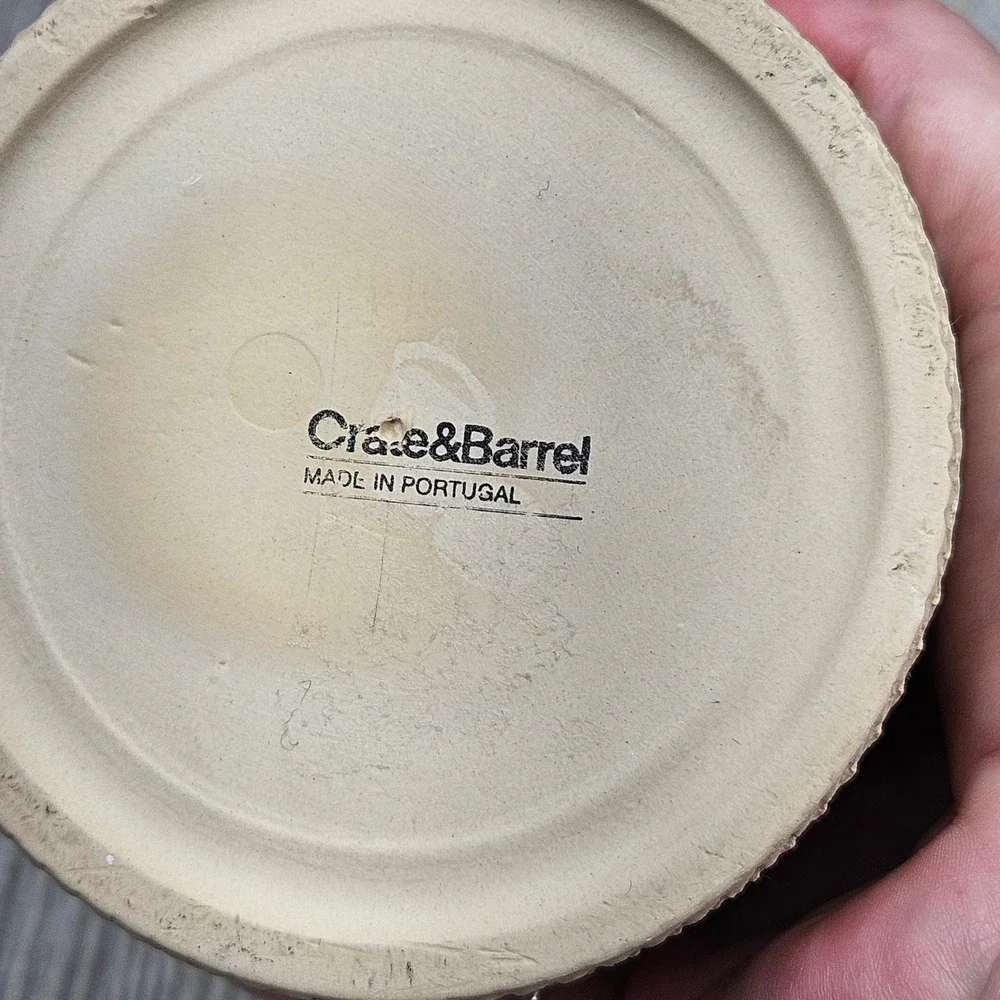 Crate & Barrel Portugal Textured Tan Ceramic Vase Teal Crackle Glaze Interior 7